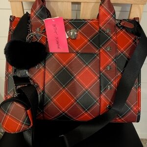 Betsey Johnson "XOLOLO" Argyle Crossbody Tote Bag With Skull Embellishments